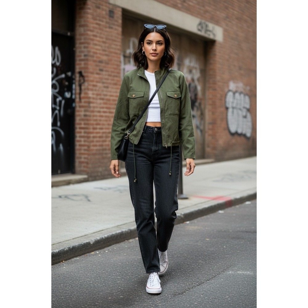 Utility Cropped Jacket Women M‎ Olive Zip Lightweight Cargo Minimalist Casual